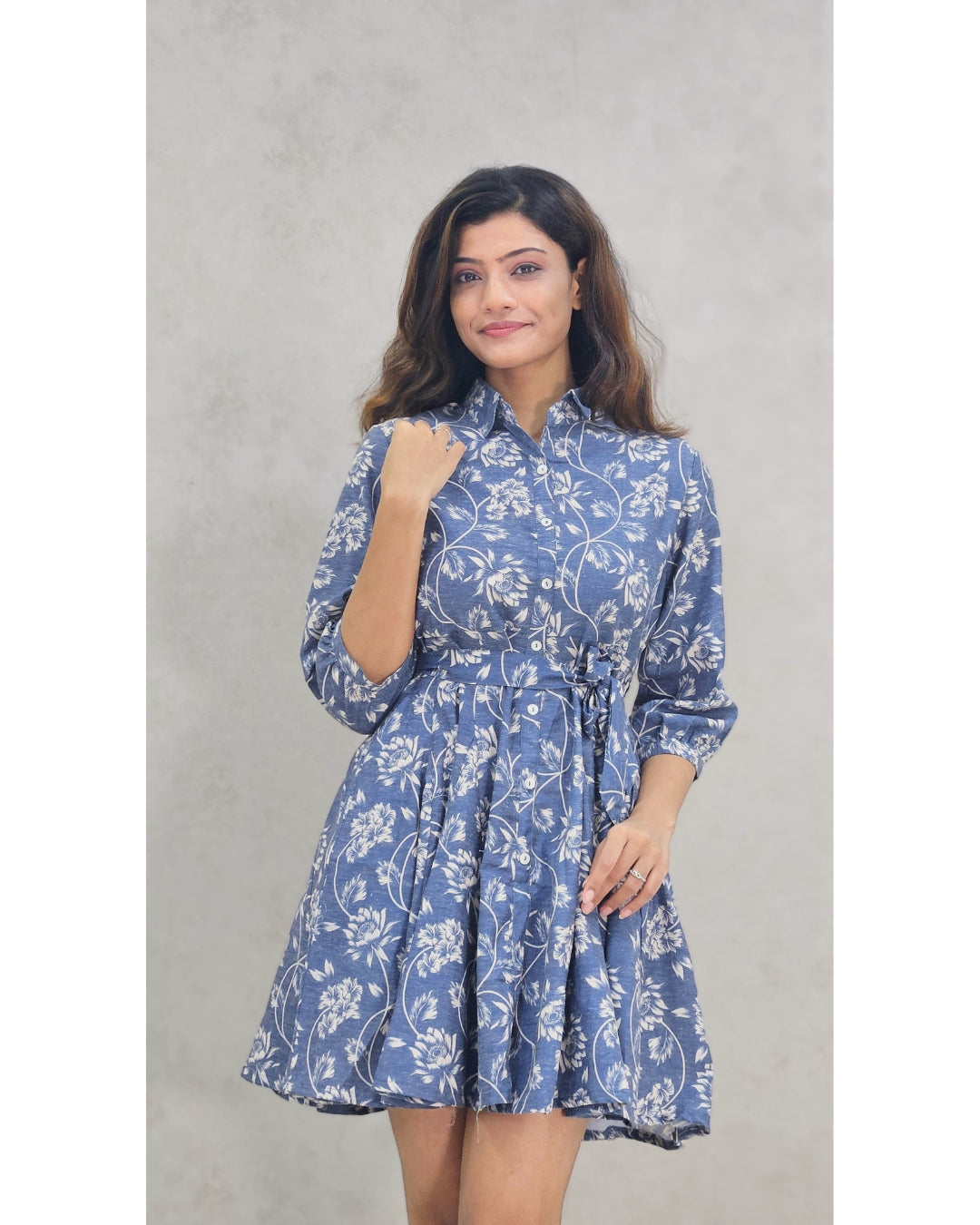 Blue Floral A-Line Cotton Mini Dress