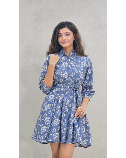 Blue Floral A-Line Cotton Mini Dress
