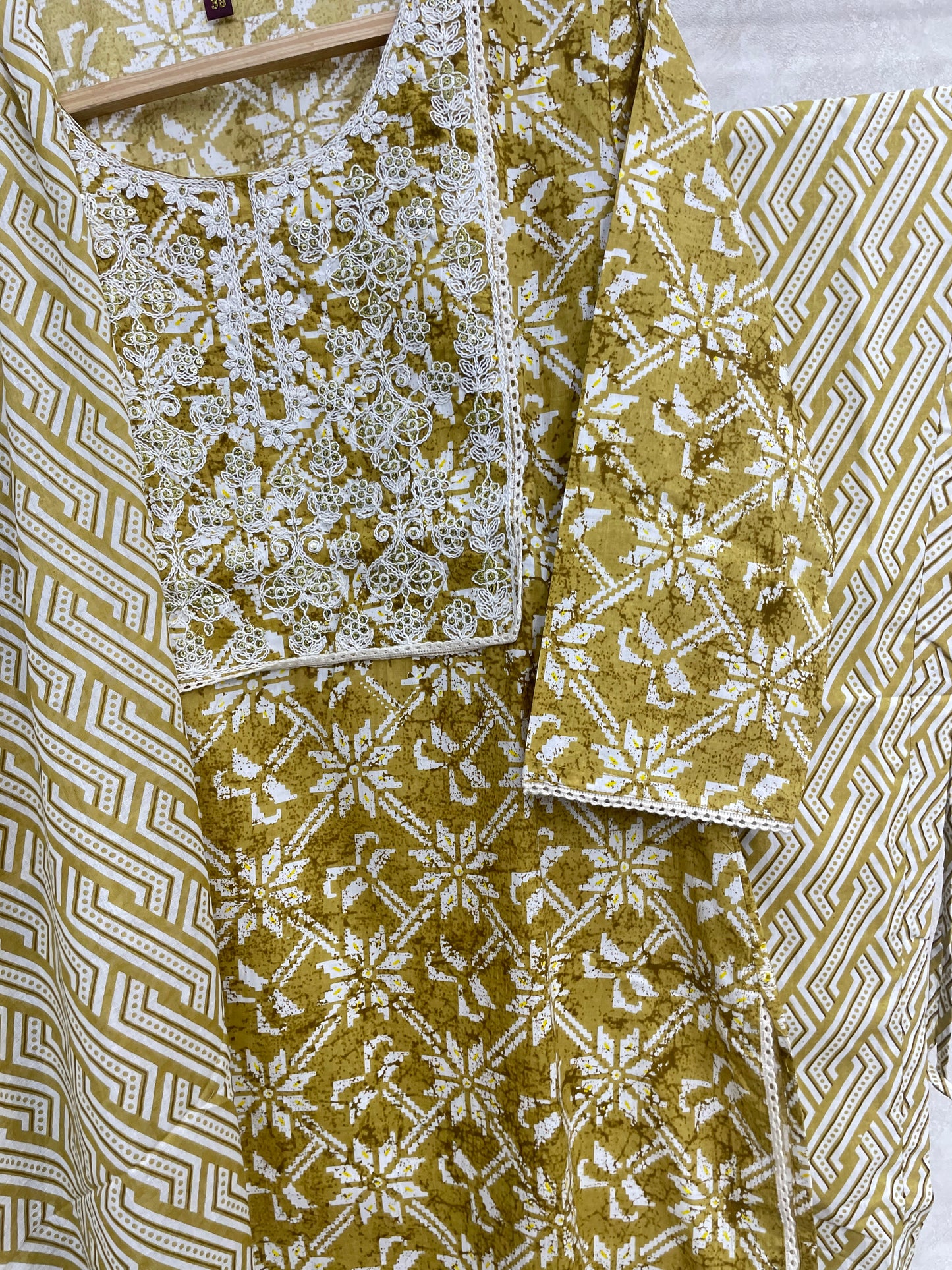 Pale Olive Block Printed Cotton Kurta Set