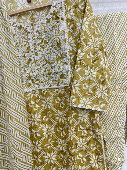 Pale Olive Block Printed Cotton Kurta Set