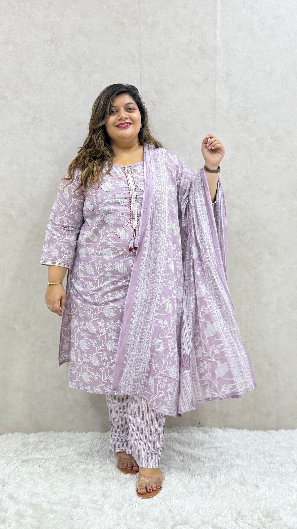 Lavender Foil Printed Cotton Kurta Set