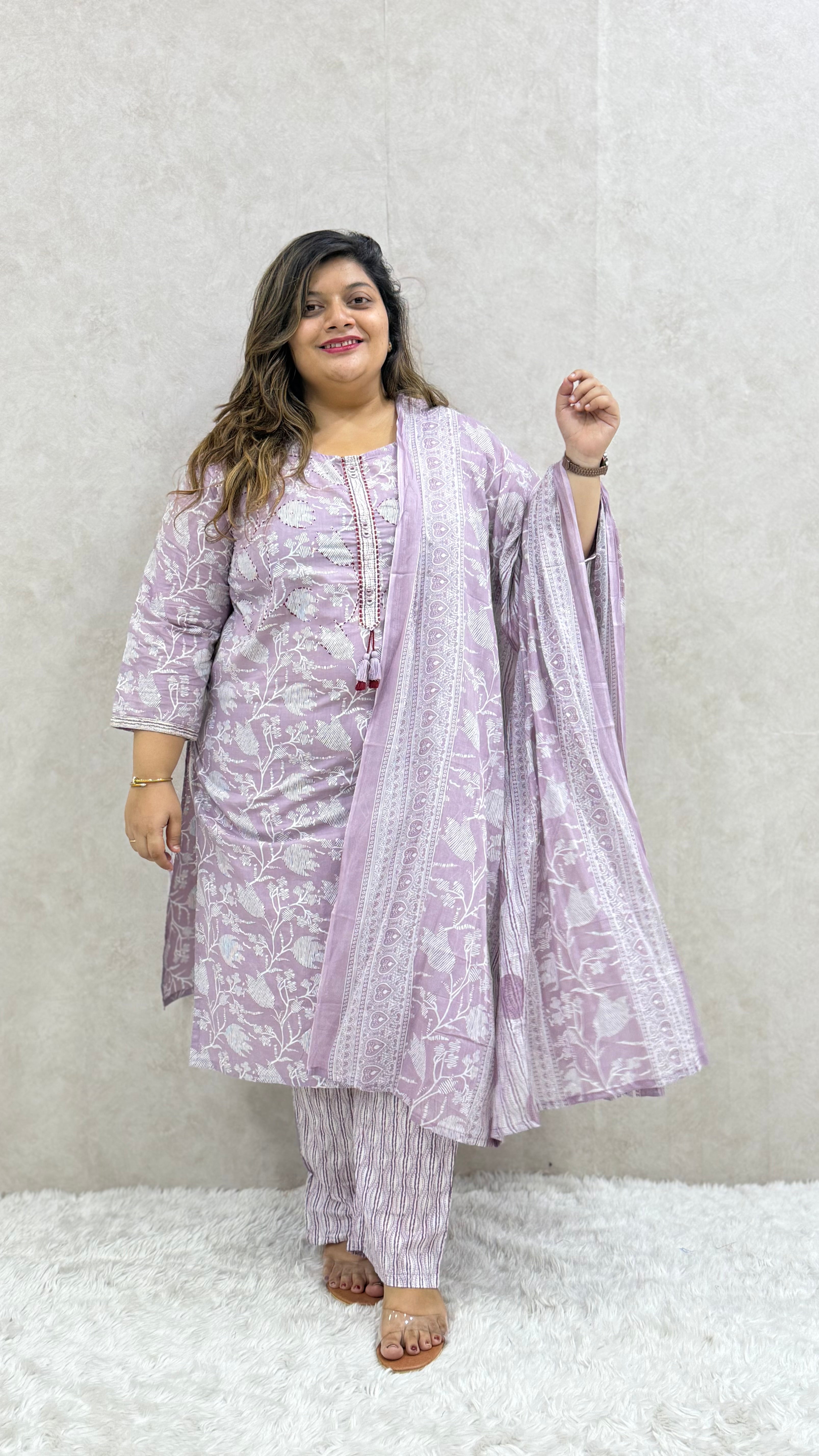 Lavender Foil Printed Cotton Kurta Set
