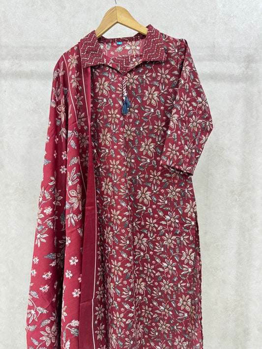 Rustic Red Floral Printed Rayon Kurta Set
