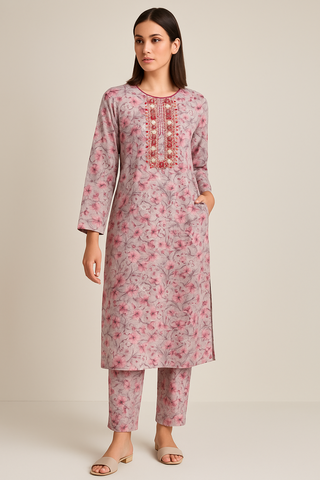 Pink & Purple Floral Cotton Kurti