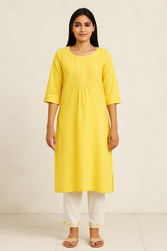 Yellow Thread Embroidered Cotton Kurti