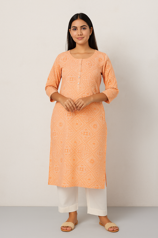 Peach Bandhini Printed Cotton Kurti
