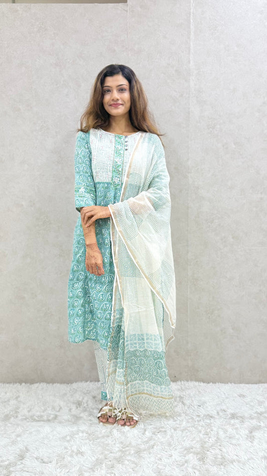 Turquoise Printed Cotton Kurta Set