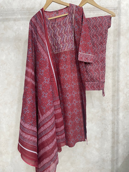 Rustic Red Block Printed Kurta Set