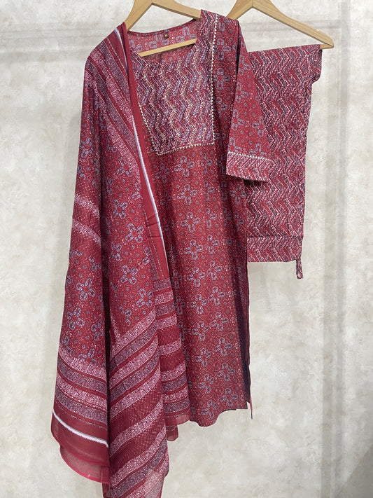 Rustic Red Block Printed Kurta Set