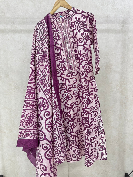 Lavender Printed Rayon Kurta Set