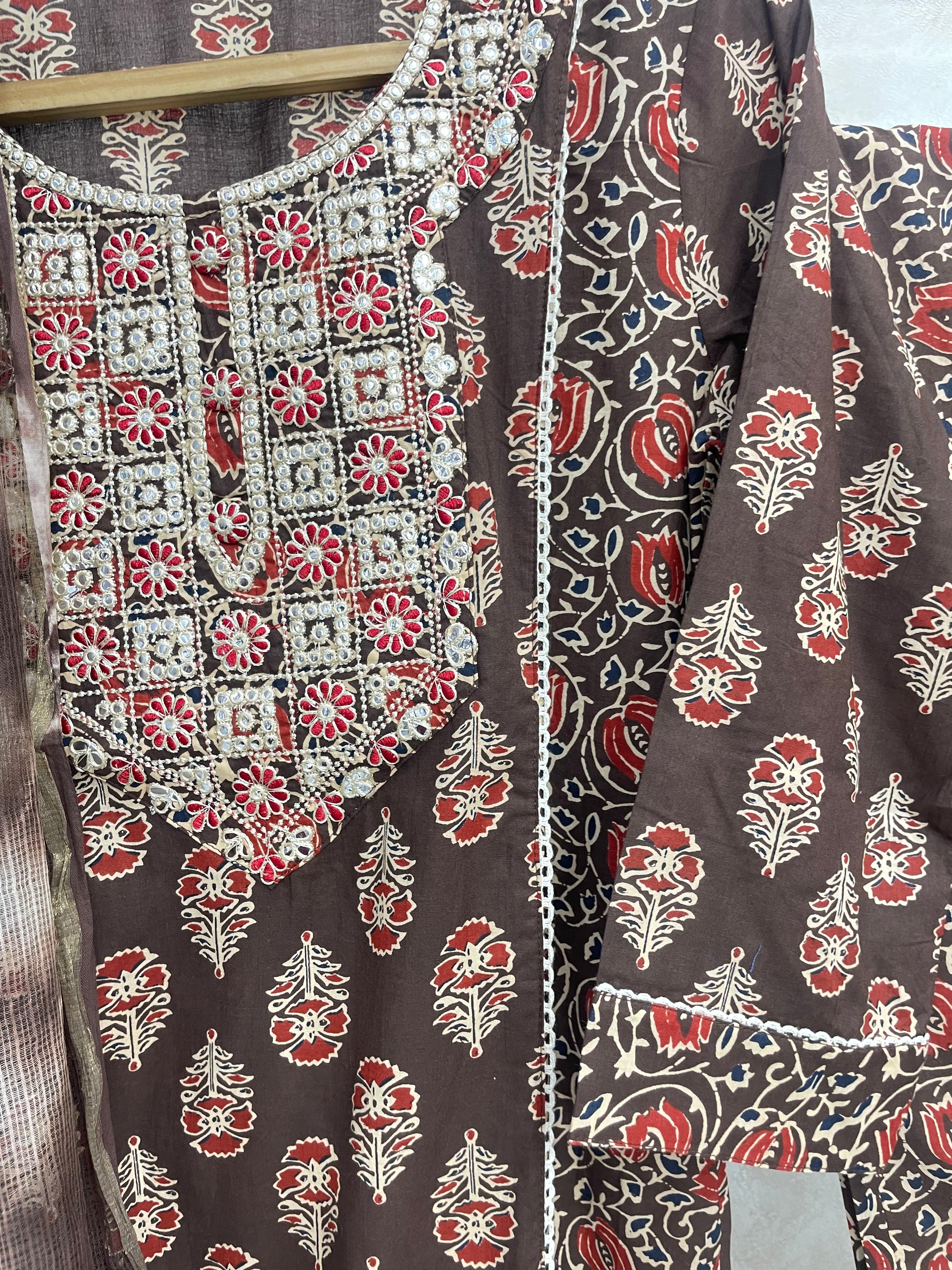 Brown Floral Printed Pure Cotton Kurta Set