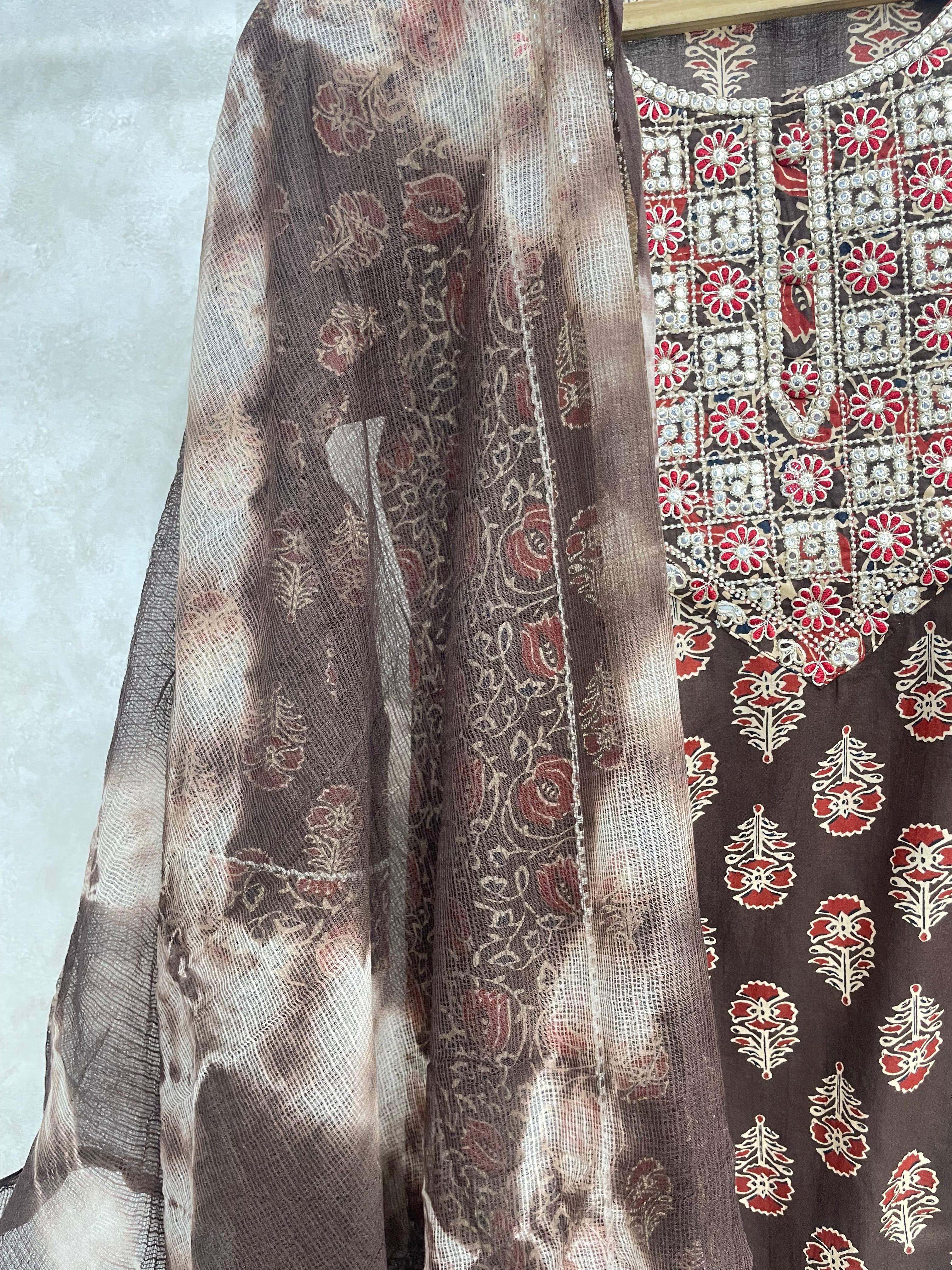 Brown Floral Printed Pure Cotton Kurta Set
