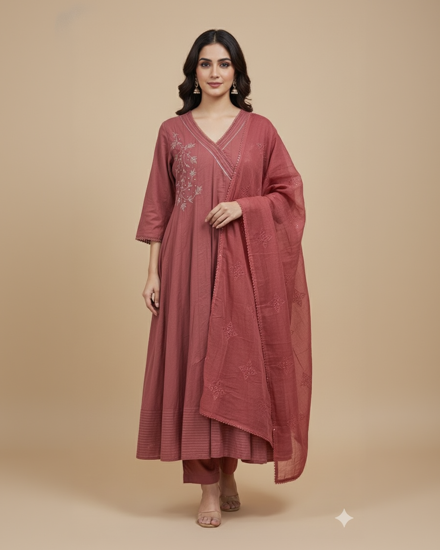 Maroon Kali Cotton Kurti Set