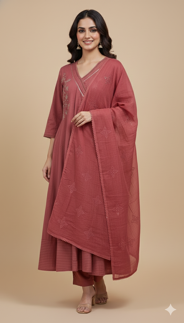 Maroon Kali Cotton Kurti Set