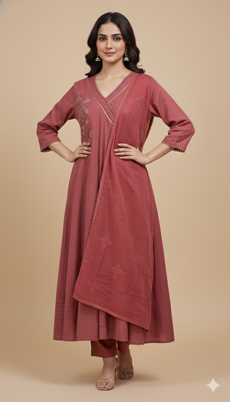 Maroon Kali Cotton Kurti Set