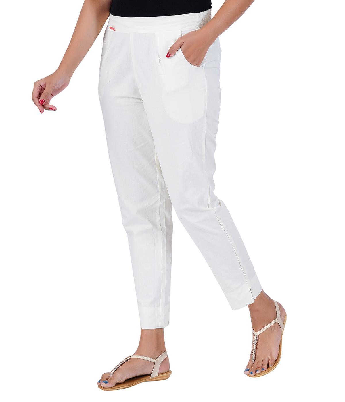 Ivory White Cotton Straight Pant