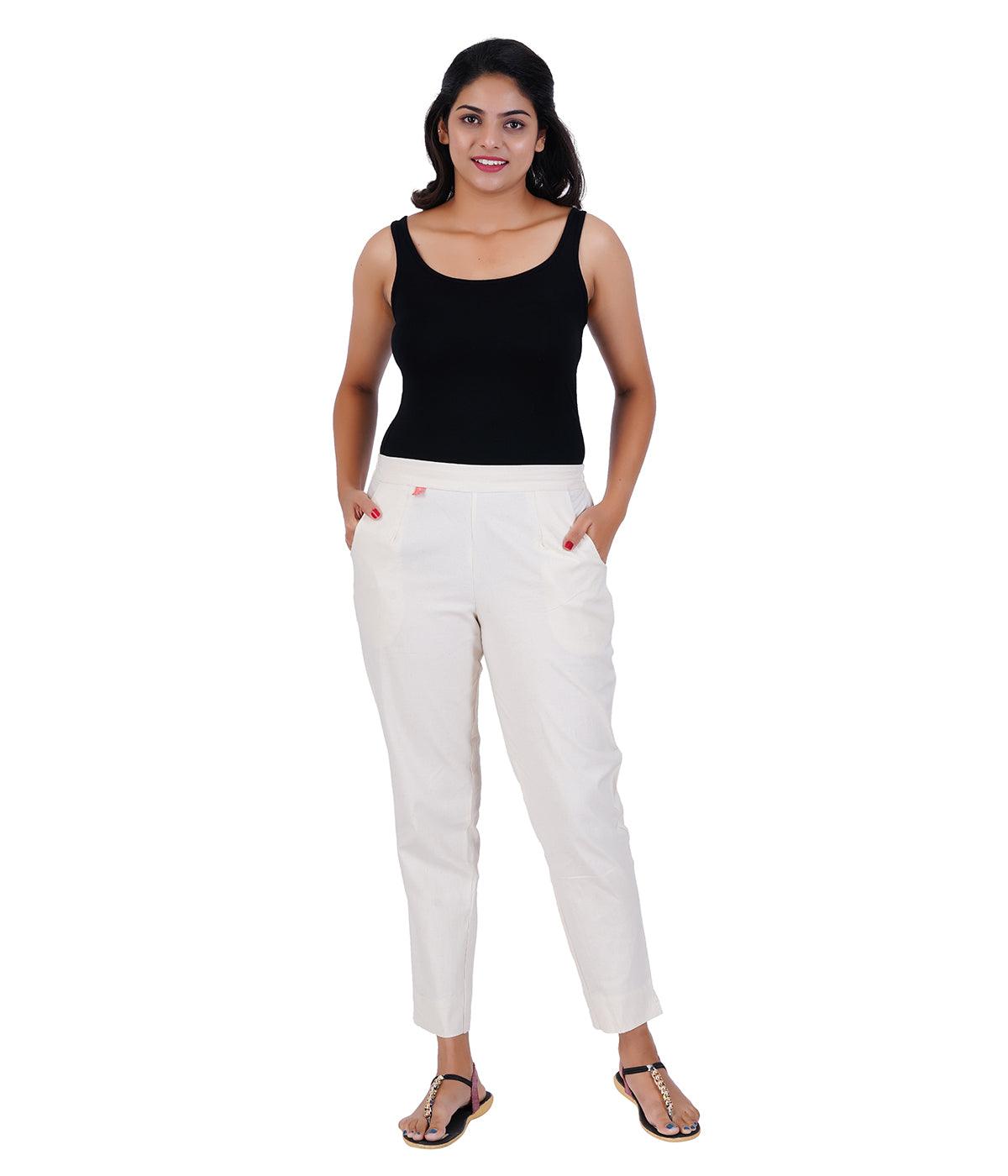 Natural Ecru Cotton Straight Pant