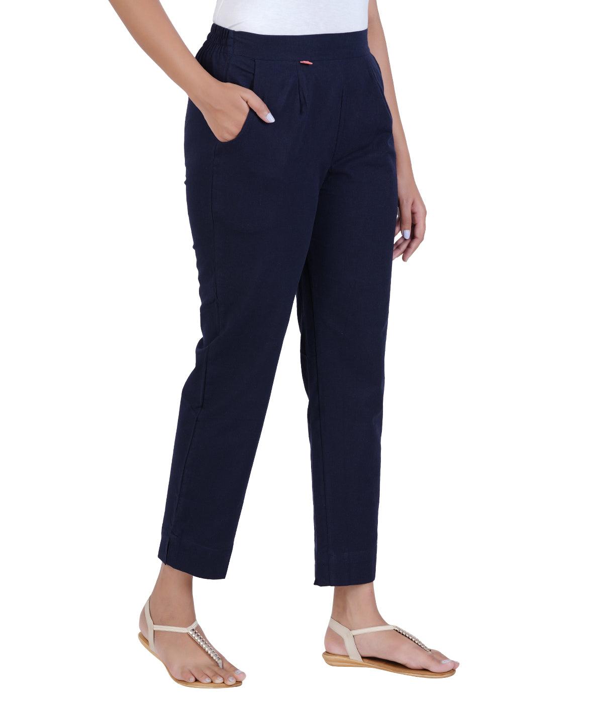 Navy Blue Cotton Straight Pant