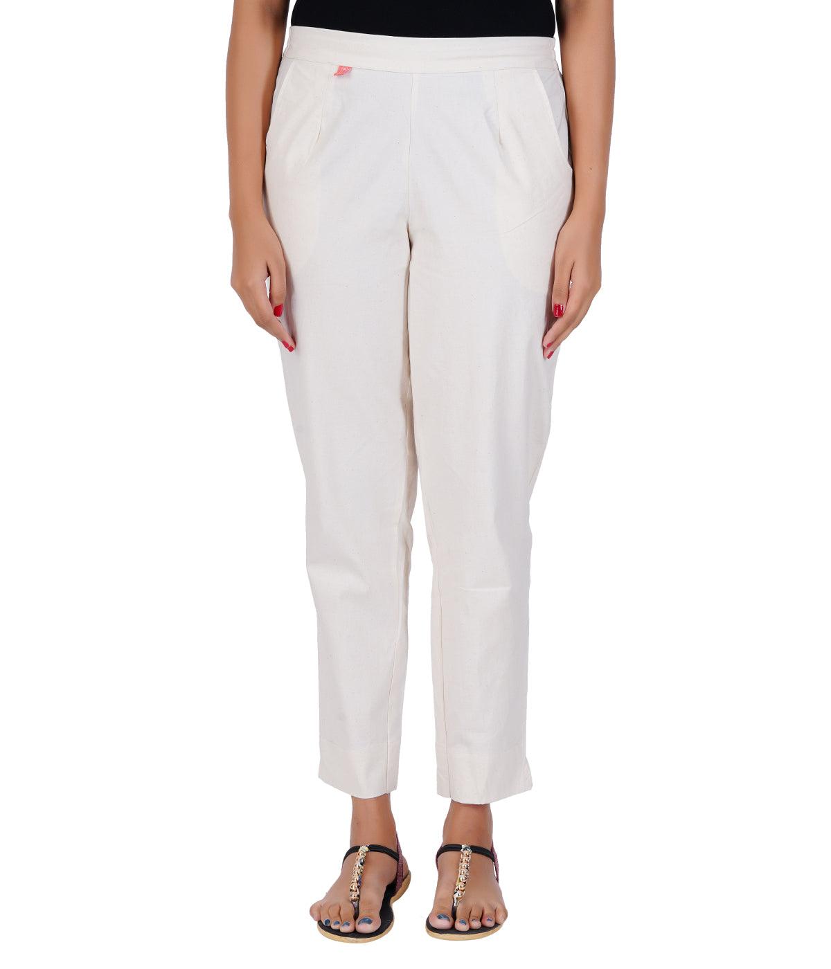 Natural Ecru Cotton Straight Pant