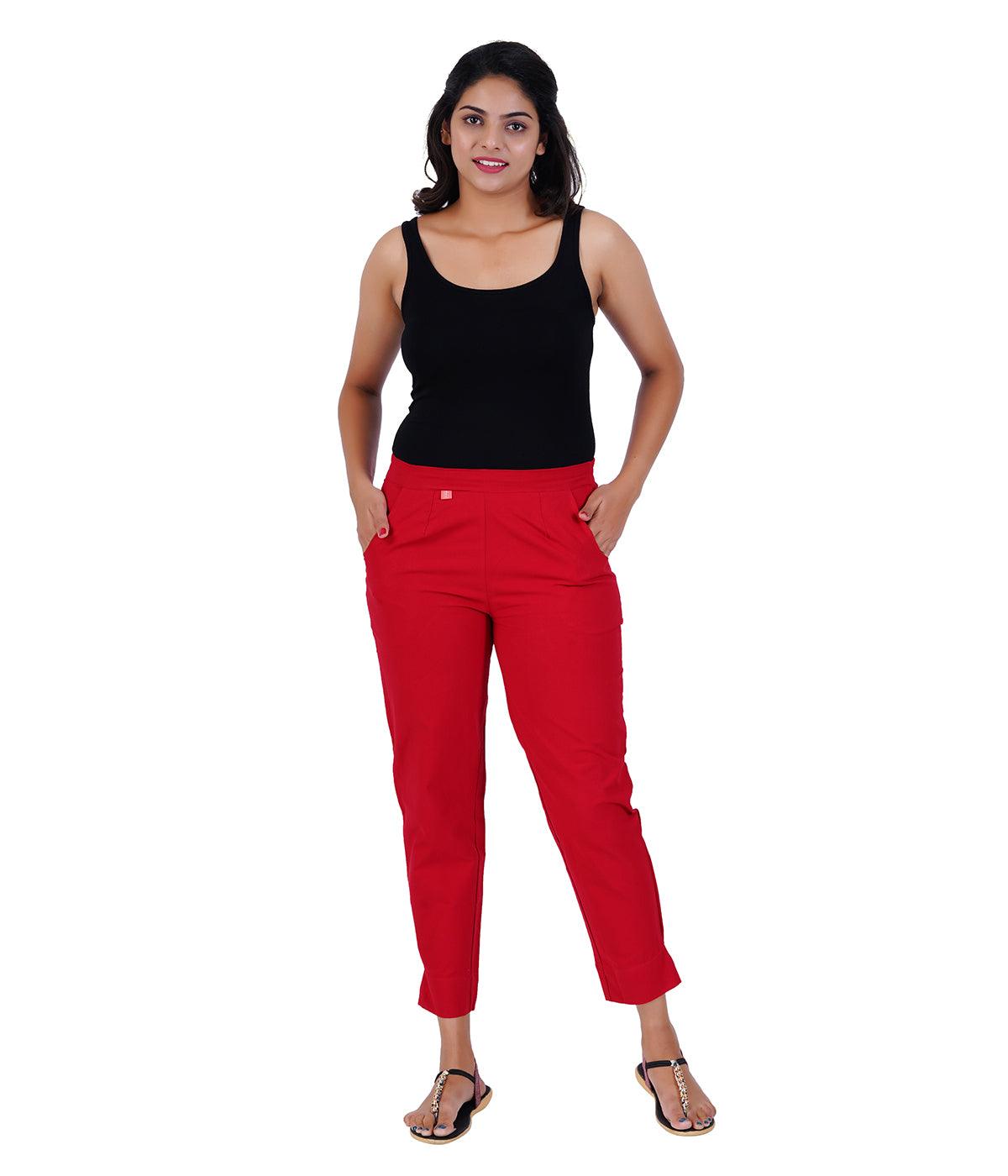 Red Cotton Straight Pant
