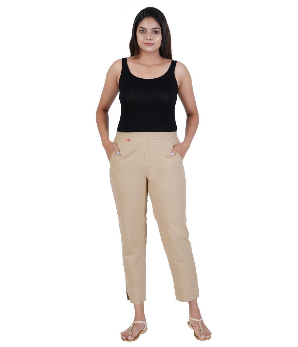 Beige Cotton Straight Pant