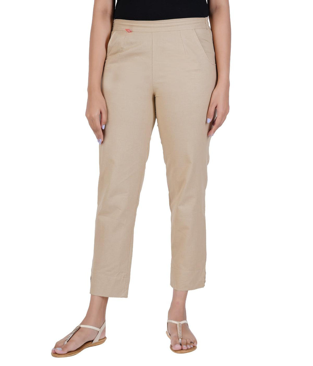 Beige Cotton Straight Pant