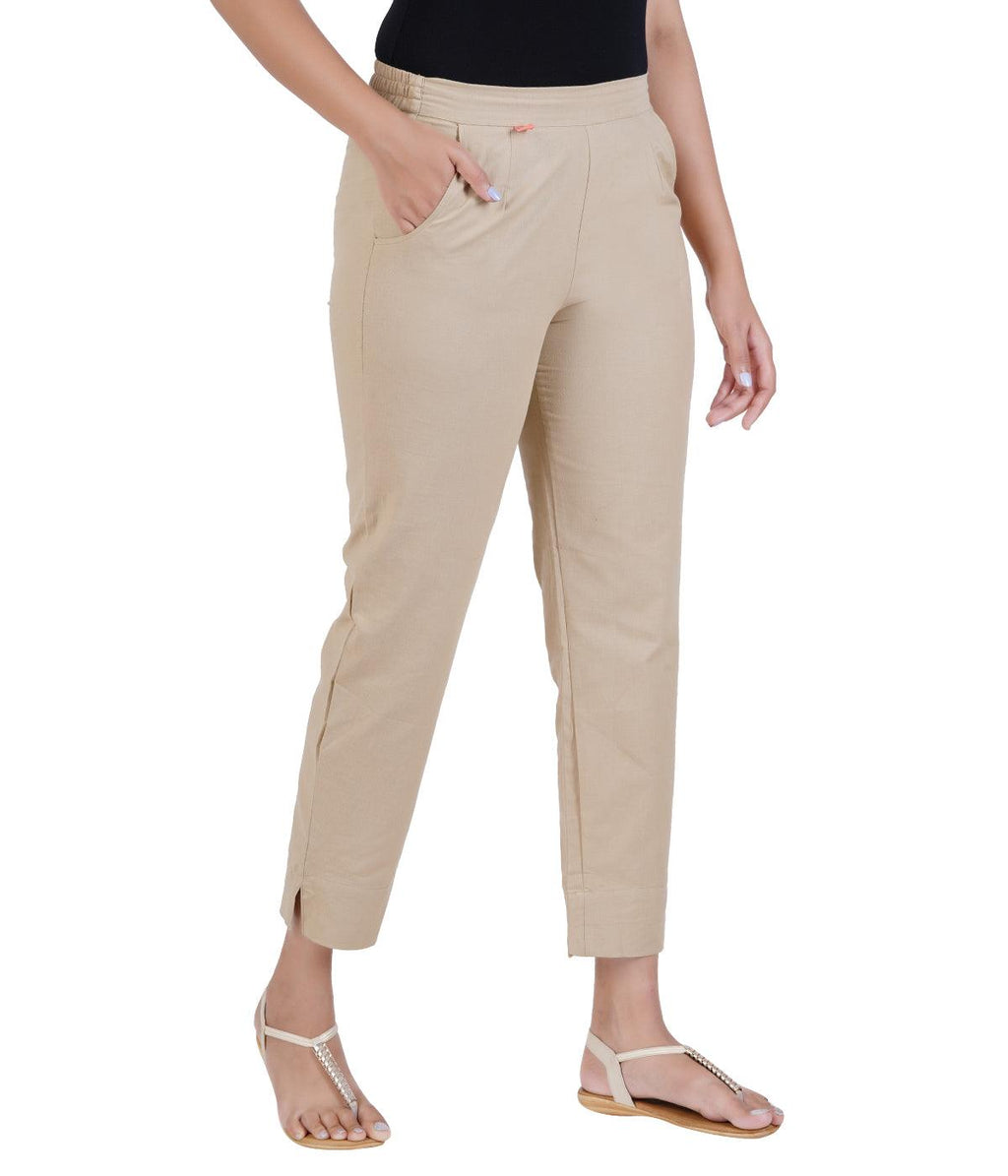 Beige Cotton Straight Pant