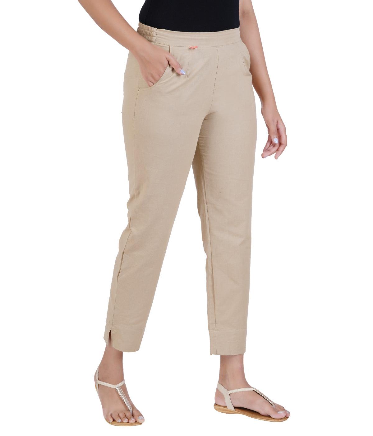 Beige Cotton Straight Pant