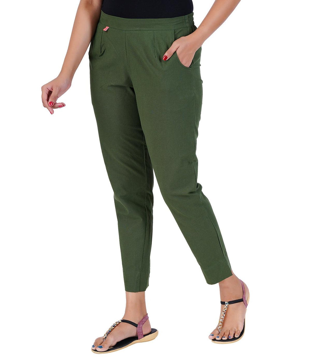 Olive Green Cotton Straight Pant