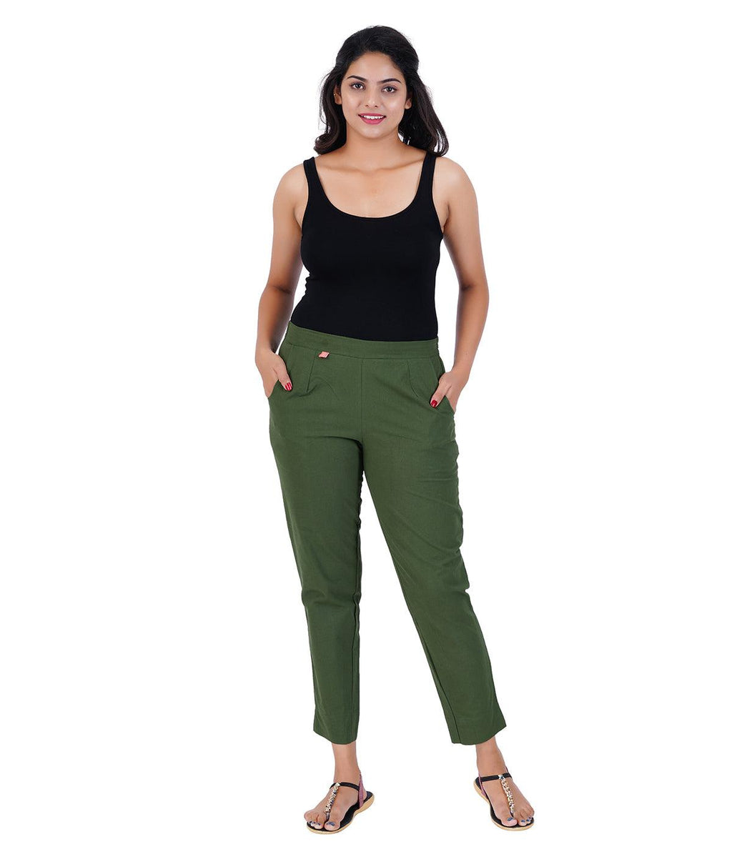 Olive Green Cotton Straight Pant