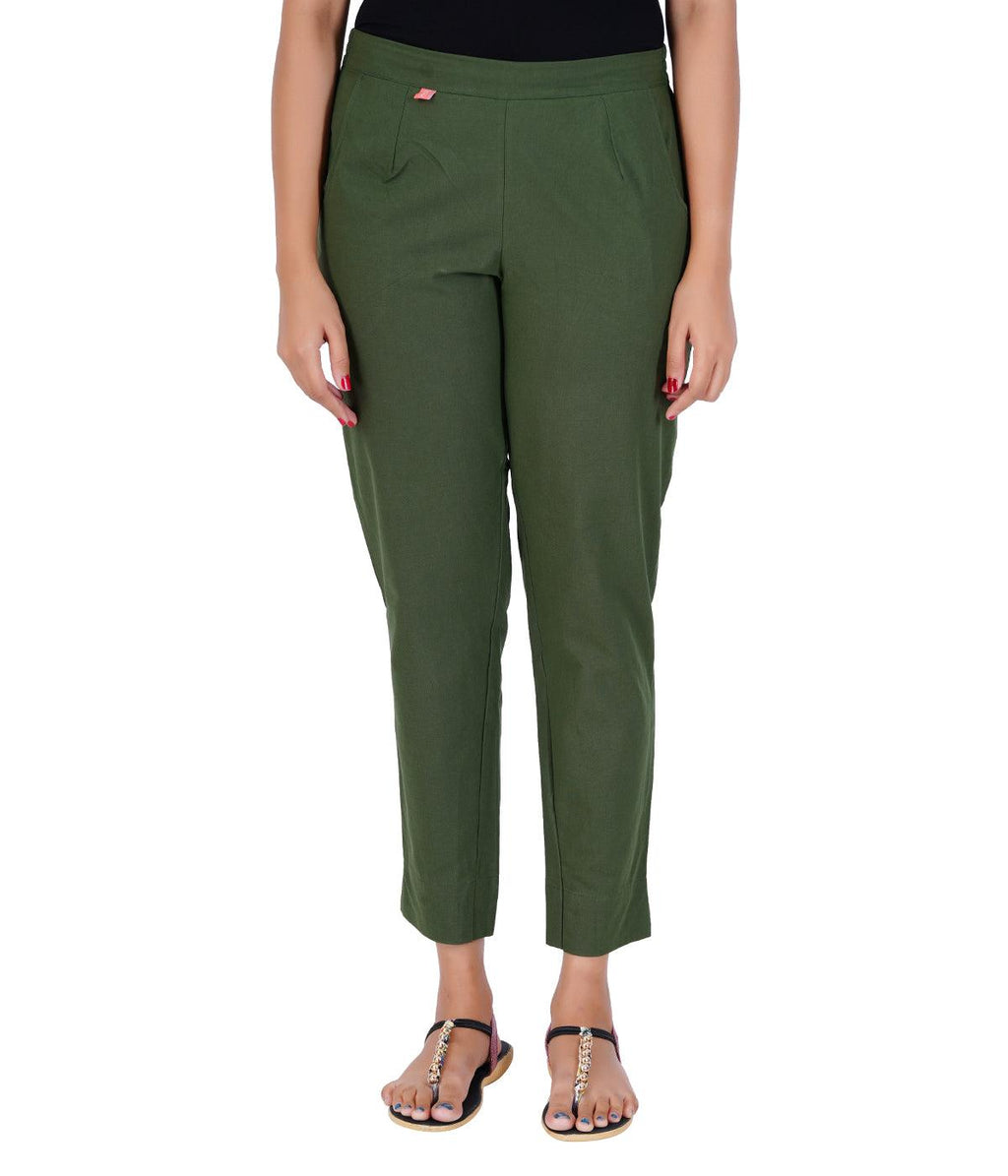 Olive Green Cotton Straight Pant