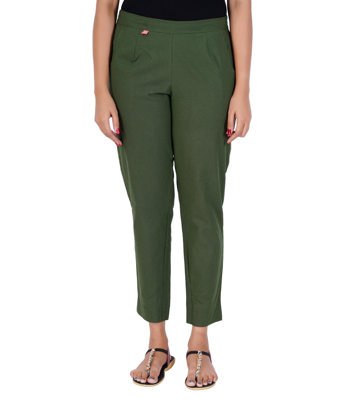 Olive Green Cotton Straight Pant