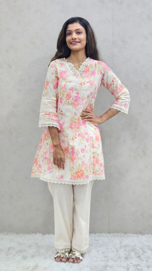 Ivory Pink Floral Printed Cotton Kurta Set