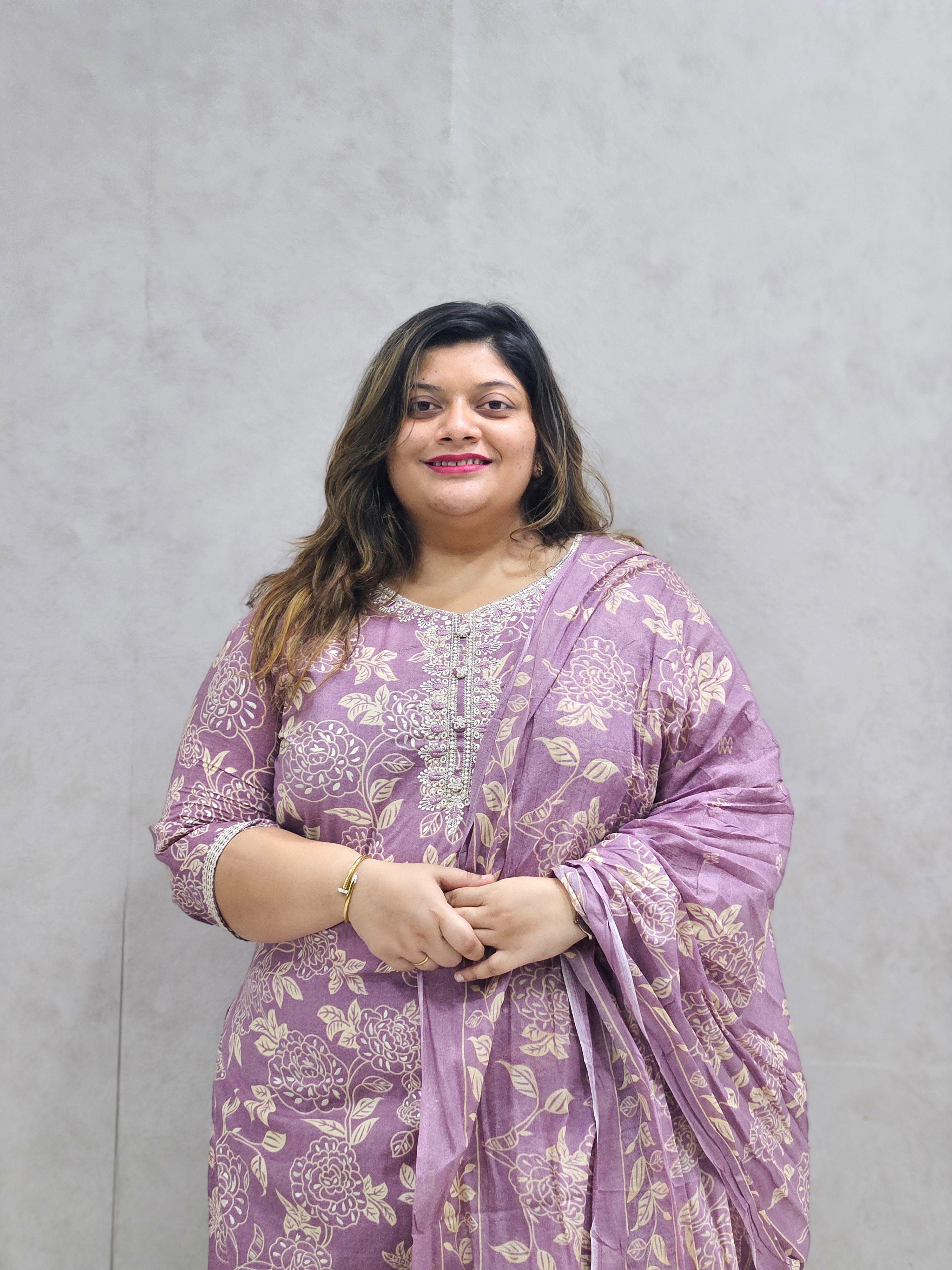 Lavender Foil Printed Pure Cotton Kurta Set