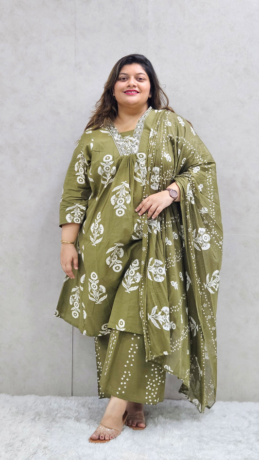Olive Green Floral Printed Pure Cotton Kurta Set