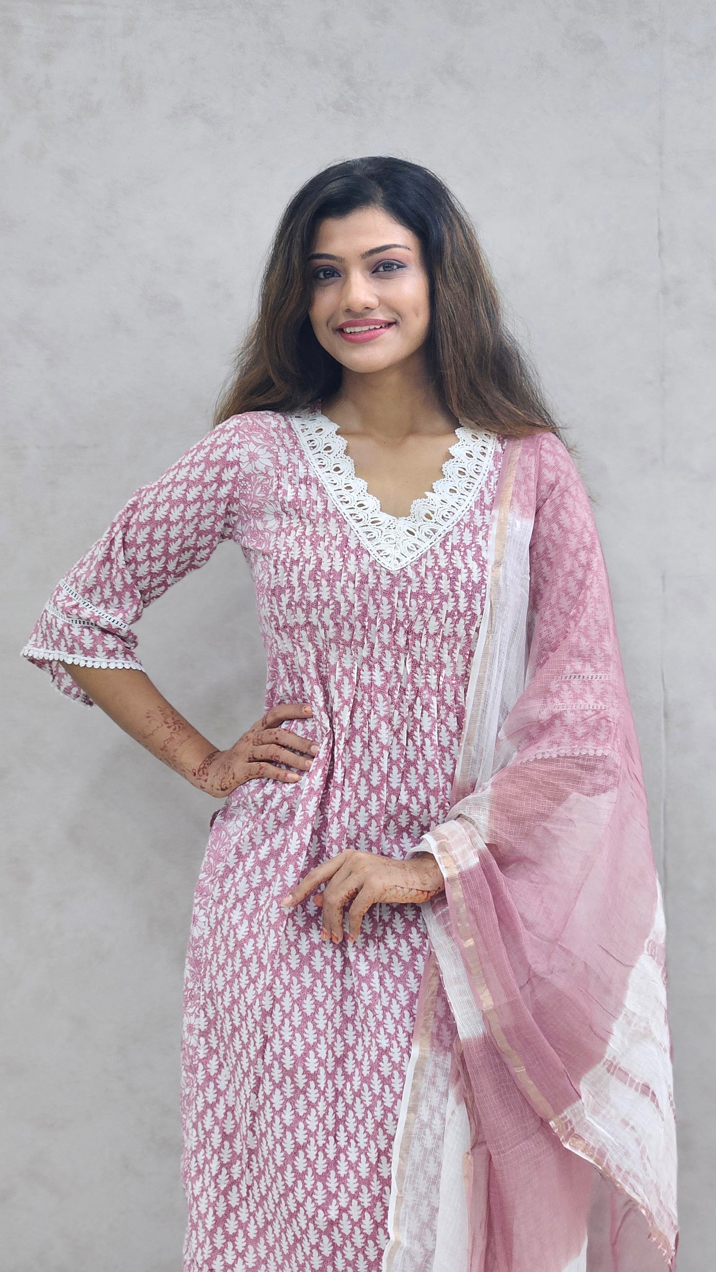 Mauve Printed Cotton Kurta Set