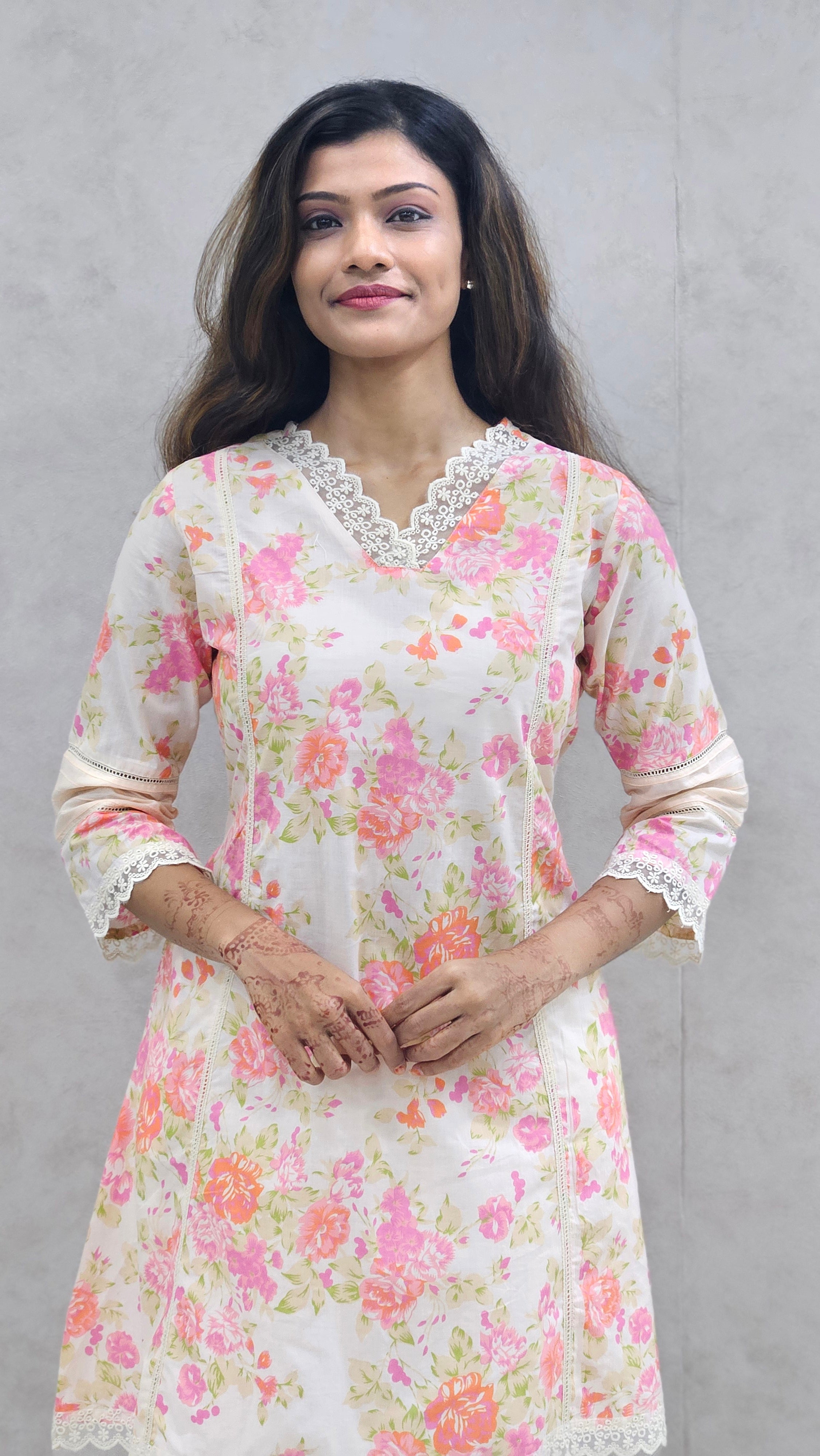 Ivory Pink Floral Printed Cotton Kurta Set