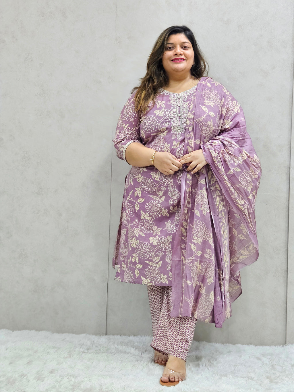 Lavender Foil Printed Pure Cotton Kurta Set