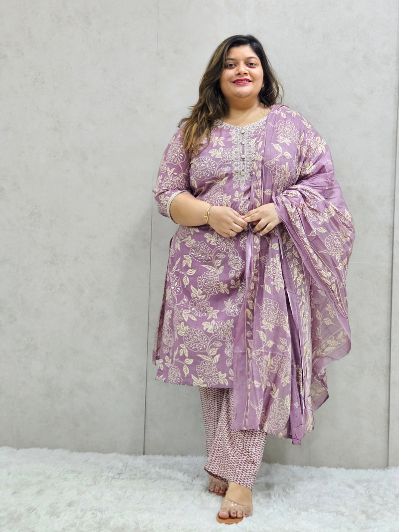 Lavender Foil Printed Pure Cotton Kurta Set