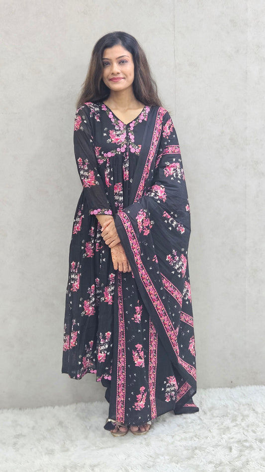 Black Floral Printed Alia Cut Set
